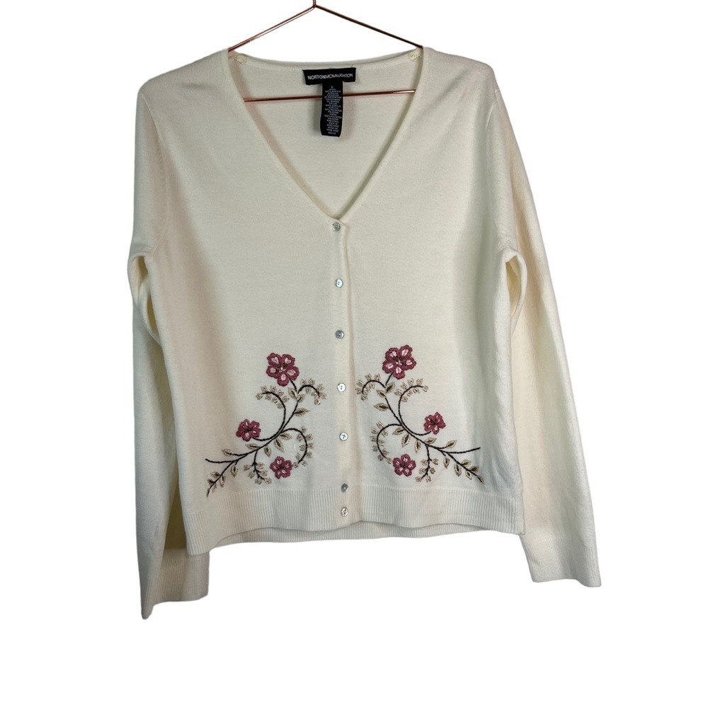 Norton McNaughton White Embroidered Sweater Cardigan Granniecore Cottagecore